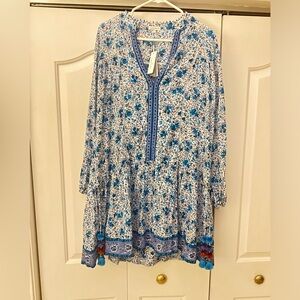 Poupette St Barth Sylvia drop waist blue watercolor mini dress